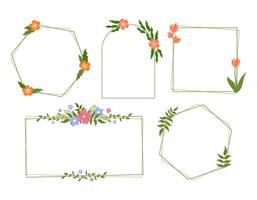 Floral frames set. Botanical wreaths with cute flowers and leaves. Decorative rectangular, hexagon and arch frames isolated illustrations vector