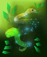 Modern flat geometric poly art style snake on leafs background. new year, year of the snake Chinese zodiac green snake 2025 vector