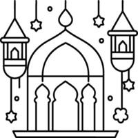 Mosque coloring pages. Outline minaret and dome mosque on white background vector