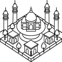Mosque coloring pages. Outline minaret and dome mosque on white background vector