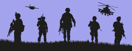 Silhouette of the military with weapons during training. vector