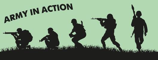 Army in action. A warrior at war. graphics of silhouettes of warriors. vector