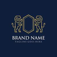 Line art of lion pose Stand, golden color, with a dark background vector