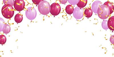 Horizontal banner with realistic pink balloon and gold confetti. Romantic background vector