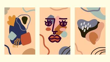 Set of three modern abstract posters. Woman's face in linear style together with geometric compositions. Modern design vector