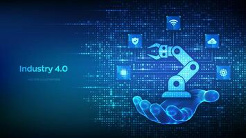 Smart Industry 4.0 icon made with binary code in hand. Factory automation. Autonomous industrial tech icons connections. Industrial revolutions steps. Binary code background with digits 1.0. . vector