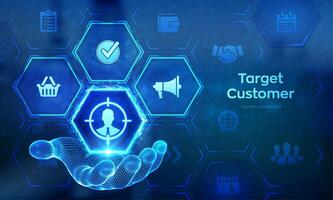 Target customer icon in wireframe hand. Buyer persona, customer behavior concept on virtual screen. Marketing plan. Personalization marketing, customer centric strategies. illustration. vector