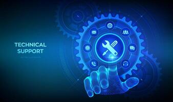 Technical support. Customer help. Tech support. Customer service, Business and technology concept. Wireframe hand touching digital interface with connected gears cogs and icons. illustration. vector
