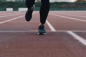 Close-up of a man's legs running along the road. Running through dusty terrain with emphasis on the runner's legs. Neural network photo