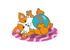 Cute puppy plays with a ball. Cartoon funny corgi dog on the rug. Cheerful pet with a toy, illustration on isolated background. vector