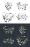 Powerful V8 turbo engine blueprints vector