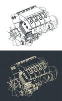 Turbo diesel engine isometric blueprints vector