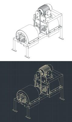 Industrial centrifugal air blower isometric blueprints