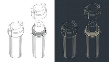 Pre-filter bowl and carbon filter isometric blueprints vector