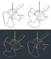 Propeller screw isometric blueprints vector