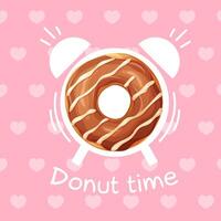 Donut time square card. illustration with cartoon donut and silhouette of alarm clock on pink background with hearts vector