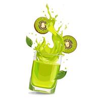 Splashes of green freshly and healthy kiwi juice with fruit slices and green leaves. clipart in flat style with citrus drink isolated on white background for card, banner, flyer, design vector