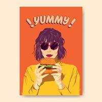 illustration of a girl with big glasses eating a hamburger, very pop design on a salmon background, and title with yummy expression vector