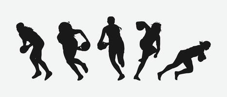 set of silhouettes of female rugby athlete with different pose, gesture. isolated on white background. graphic illustration. vector