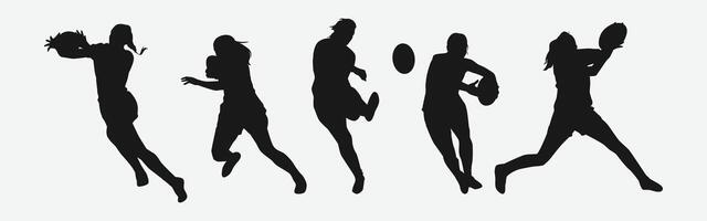 set of silhouettes of female rugby athlete with different pose, gesture. isolated on white background. graphic illustration. vector
