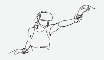 Continuous one line drawing of girl using virtual reality headset and playing shooter game. Editable line. Graphic illustration. vector