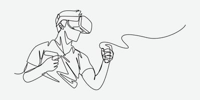 Continuous one line drawing of guy using virtual reality headset and playing boxing, fighting, action game. Editable line. Graphic illustration. vector
