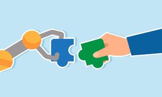 Humans and AI work together, using automation to support and connect ideas, concept of A businessman and AI robot connect jigsaw puzzle pieces together vector