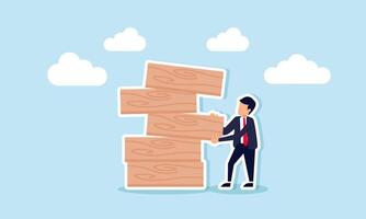 Investment risk comes from greedy choices use careful, balanced strategies in uncertainty, concept of A businessman pulls a wooden block from a collapsing stack vector