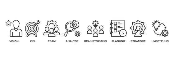 Banner Erfolg illustration with the icon of vision, ziel, team, analysis, planning, brainstorming, planning, strategy and umsetzung vector
