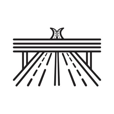 Highway road and bridge icon, black line art on white background design.