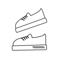 Pair of sneakers Outline drawing of laced shoes in minimalistic style Icon, promo design concept Isolate EPS Cards, banner, poster, promo, billboard, label, price tag or web, advertisement idea vector