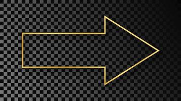 Gold glowing arrow shape frame with shadow isolated on dark background. Shiny frame with glowing effects. illustration. vector