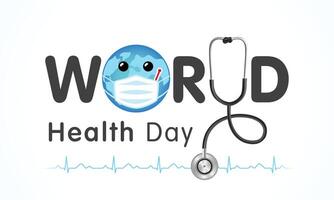 World Health Day creative banner. Earth web icon with medical mask and pulse trace. Digital illustration with 3D elements vector