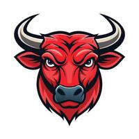 A cartoon illustration of a red bull mascot head with a fierce expression, isolated on a white background. vector
