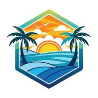 A vibrant illustration of a tropical sunset beach scene, featuring two palm trees, a setting sun, and blue ocean waves in a hexagonal frame. vector