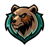 This image features a brown bear mascot logo with teal design. The bear has a fierce expression with blue eyes. vector