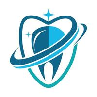 An abstract logo of a tooth inside a blue, orbiting circle, with a shining star above it. The tooth is light blue and white, with a blue outline. The design is abstract and symbolic. vector