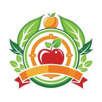 This is a logo design featuring a red apple in the center of a green and orange circle with leaves. vector