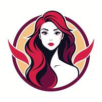 An illustration of a woman with long, flowing red hair, set against a circular background. vector