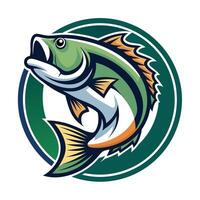 A cartoon-style illustration of a green and yellow fish jumping in a circle with a green background. vector