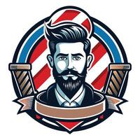 A stylized image of a man with a beard and mustache in a barber shop logo. He is surrounded by a barber pole and a banner. vector