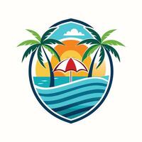 A colorful illustration depicting a tropical sunset beach scene with palm trees, a red umbrella, and ocean waves. vector