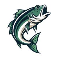 A cartoon illustration of a green and white bass fish jumping out of the water, with its mouth open and a surprised expression. vector
