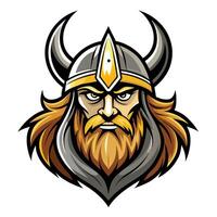 A digital illustration of a fierce Viking warrior with a horned helmet and a long, flowing beard. vector