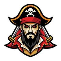 A close-up illustration of a fierce pirate captain with a skull and crossbones hat and swords. vector