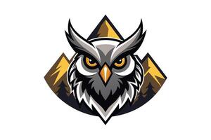 A digital illustration of an owl mascot design. The owl has a serious expression, is facing forward, and is in front of a mountain background. vector
