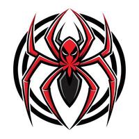 A stylized red spider with a black and white web design. vector