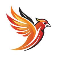 A stylized illustration of a red bird with outstretched wings flying against a white background. The bird has a fiery orange and yellow plumage and a black beak. vector