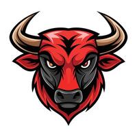 This is a cartoon illustration of a red bull mascot with a fierce expression. It has large, menacing horns and a black nose. vector