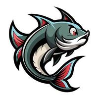 A cartoon illustration of a green and blue fish with red fins, set against a white background. The fish is leaping out of the water with its mouth open. vector